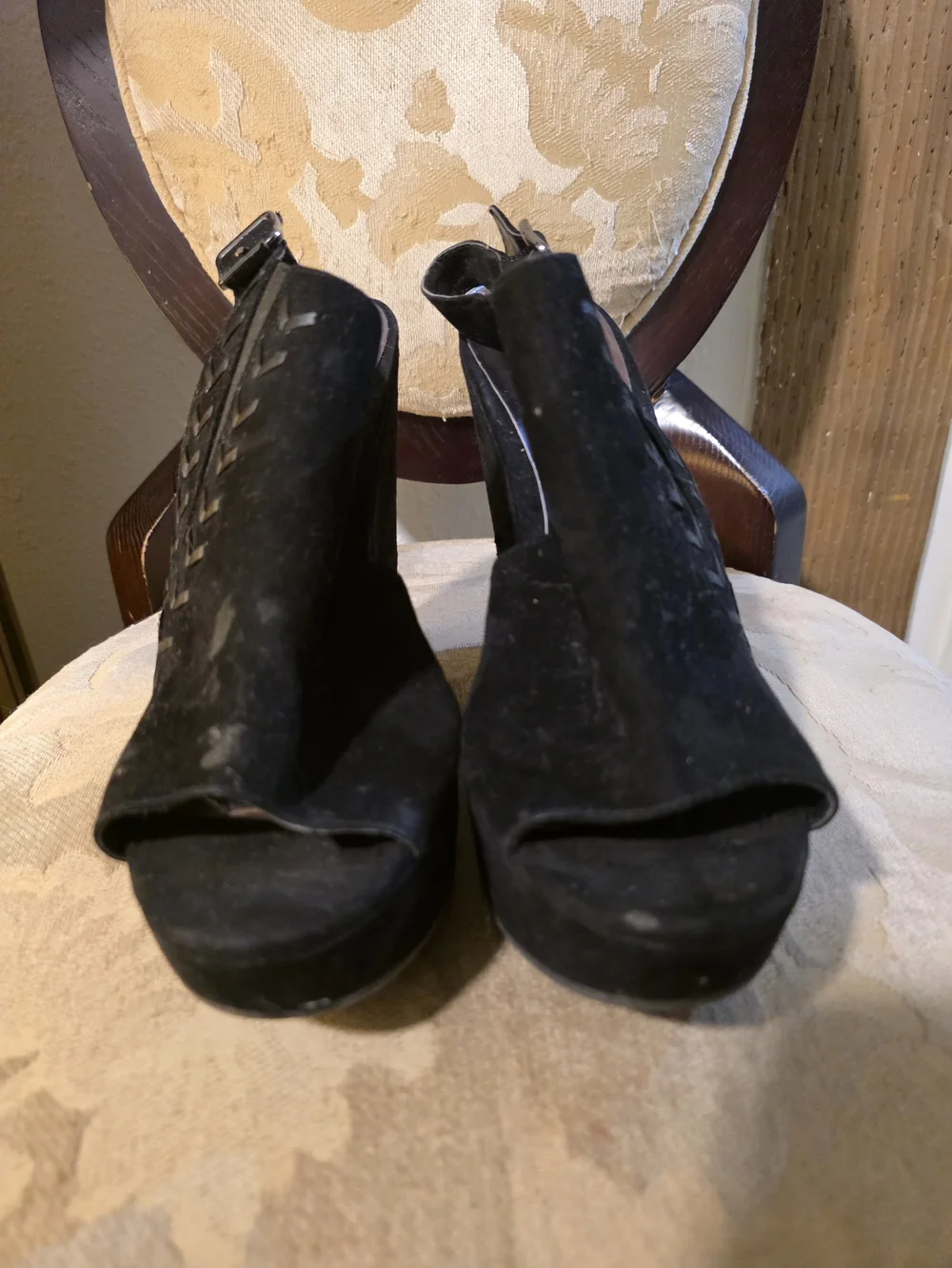 Carlos by Carlos Santana Black Suede Wedge Peep-Toe Slingback